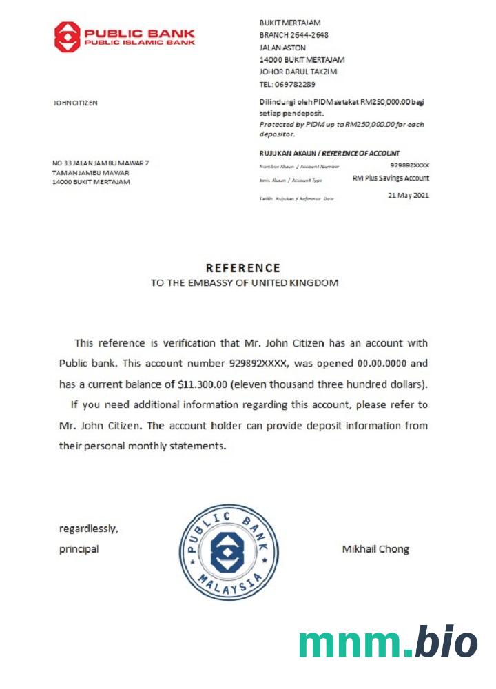 Przykład odniesienia banku publicznego w Malezji w formatach Word i PDF